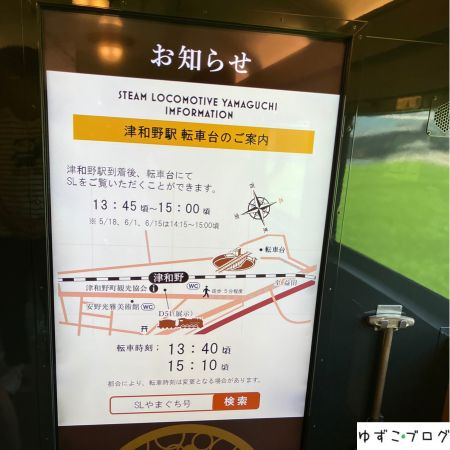 SLやまぐち号車内にあった、津和野の転車台の案内